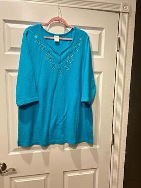 Blair Women's Textured Henley Tunic Top with Floral Embroidery, Blue, Size XL